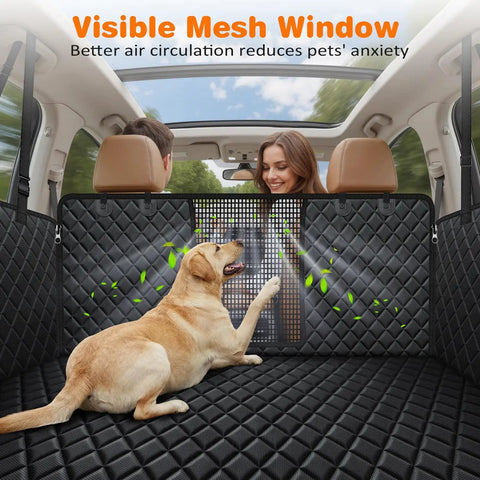 4 In 1 Dog Car Seat Cover For Back Seat Paw Proof Waterproof Hammock With Mesh Window And Side Flaps showcasing mesh window in car