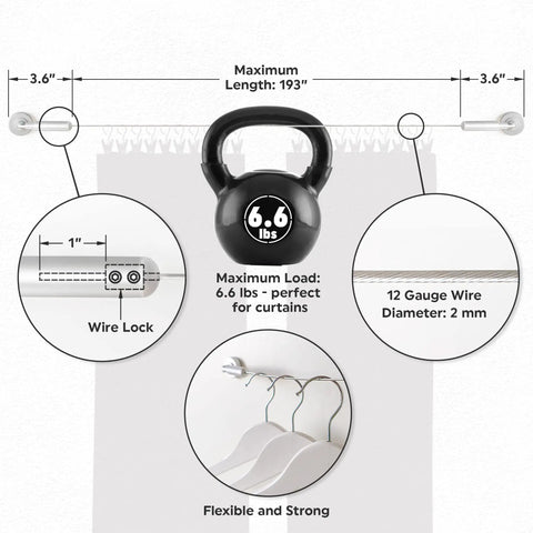 Wire Curtain Hanging System With 16Ft Stainless Steel Room Divider Rod And 24 Alligator Clips For Easy Breezy Draping, Heavy Duty Curtain Wire Kit details with wire lock and load capacity