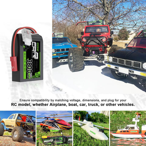 3800mAh 7.4V 2S1P LiPo Battery Pack With JST SYP Plug For QX7 Controller next to various RC models and vehicles