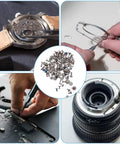 Watch Screws Kit 100 Pieces Micro Screw Assortment for Battery Clamp Replacement and Quick Watch Repair, parts and repairs shown.