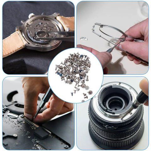 Watch Screws Kit 100 Pieces Micro Screw Assortment for Battery Clamp Replacement and Quick Watch Repair, parts and repairs shown.