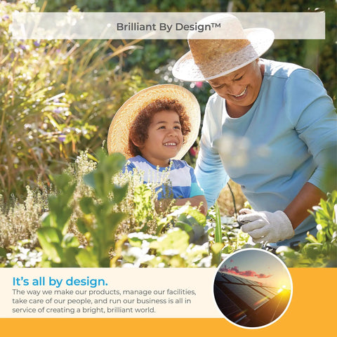 Two people gardening in a sunny outdoor setting with greenery and hats, highlighting environmental care and community.