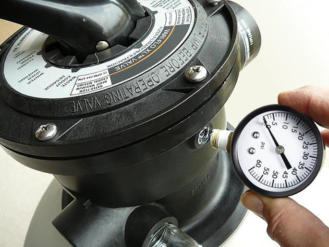 Aquatix Pro pool filter pressure gauge, close-up view, 2-inch dial, 0-60 psi, bottom-mount 1/4 in connection