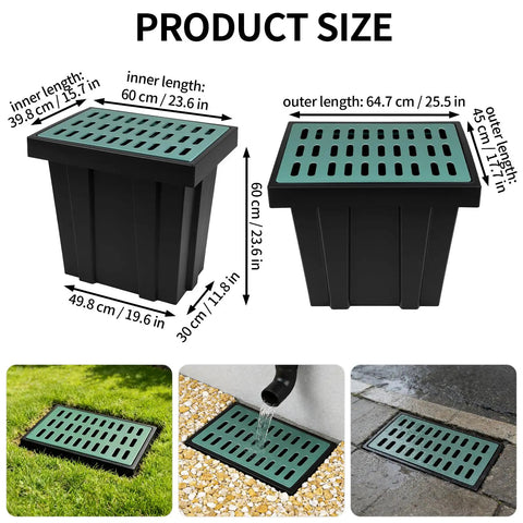 Square Catch Basin With Fiberglass Grate And Debris Basket 26x18x24 Inch shown with dimensions and outdoor installation examples