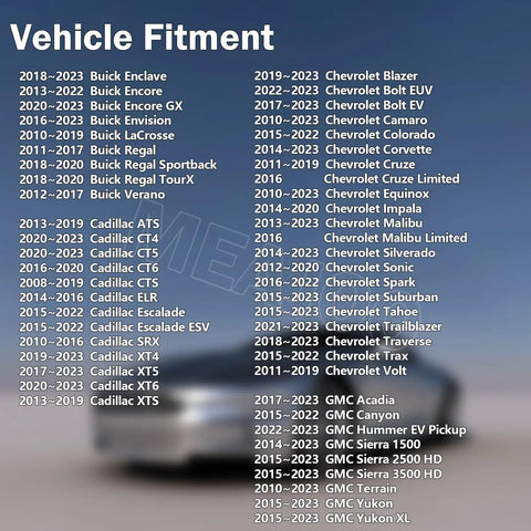 Image showing vehicle fitment list for GM Windshield Washer Fluid Reservoir Cap Replacement For GM Cars Plug And Play Install Bottle Cap Direct Fit Durable Build With Leak Proof Seal Fits 13227300 12767700 19172571 12788573 4563292 OEM Parts, detailing compatible Buick, Cadillac, Chevrolet, GMC vehicles from 2013 to 2023.