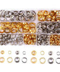 200 Sets Metal Grommets Eyelets With Washers And Storage Box In Gold And Silver Includes 1/4 Inch, 3/16 Inch, 2/5 Inch, 1/2 Inch Sizes For Fabric Belts Clothes Leather DIY Craft in clear box.