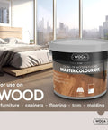 Master Color Oil Plant Based Stain And Finish For Wood Furniture Floors Trim And Cabinets 2.5L shown in bedroom setting.