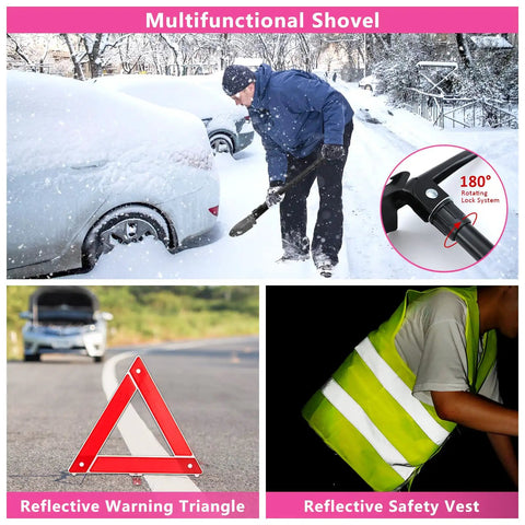 Person using multifunctional shovel, warning triangle, safety vest from Must Have Portable Car Emergency Kit With 12V Air Compressor Jumper Cables First Aid Auto Tool Set Roadside Safety Gear Winter Driving Essentials Hot Pink Kit For Women Men Teens.