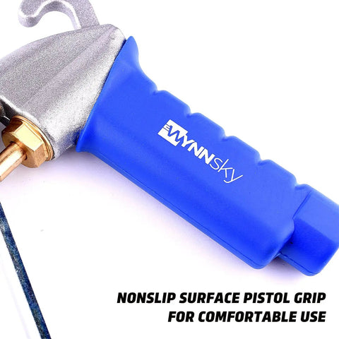 Pro Grade High Flow Air Blow Gun Kit with blue nonslip pistol grip handle and silver nozzle for shop use