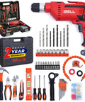 Powerhouse 650W Impact Drill With Keyless Chuck And 115 Piece Handyman Kit For Woodworking Concrete Drilling And Metal Jobs with tools and accessories.