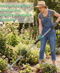 Person using Dual Head Garden Weeding Tool With 63 Inch Long Handle 24 Claw Steel Heads for Easy No Bend No Squat Weeding Pro Weeder