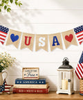 All American Patriotic Burlap Banner Garland For 4th Of July Decor Pre Strung Red White And Blue Flags 5x7 Inch Each With 8.2 Feet Rope