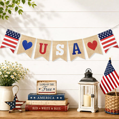 All American Patriotic Burlap Banner Garland For 4th Of July Decor Pre Strung Red White And Blue Flags 5x7 Inch Each With 8.2 Feet Rope