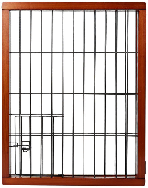 Extra Tall 62 Inch Wide Freestanding Wooden Pet Gate Three Panel Design With Small Pet Door Adjustable Expansion From 22 To 62 Inches Built Like A Tank For Dogs And Cats Premium Wood Brown featuring a side view of one panel