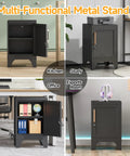 Beefy Steel Nightstand With A Tight Locking Door And Adjustable Shelf Slick Black Metal Bedside Cabinet For Bedroom Home Office Keeping Your Stuff Secure in various room settings.