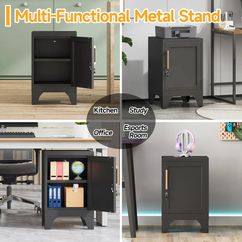 Beefy Steel Nightstand With A Tight Locking Door And Adjustable Shelf Slick Black Metal Bedside Cabinet For Bedroom Home Office Keeping Your Stuff Secure in various room settings.