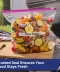 Gallon Slider Storage Bags Set Of 66 For Food Storage, Bulk Snacks, Travel Toiletries, Clear bag labeled 'Diced Veggies' on grill.