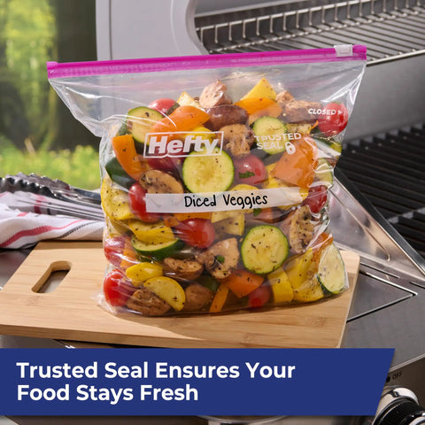 Gallon Slider Storage Bags Set Of 66 For Food Storage, Bulk Snacks, Travel Toiletries, Clear bag labeled 'Diced Veggies' on grill.