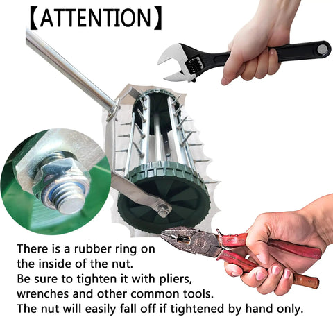 57 Inch Push Spike Lawn Aerator Roller With One Point Four Inch Galvanized Steel Spikes instruction with tools visible
