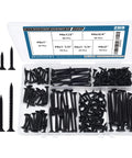 Six Size Black Wood Screws Kit With 209 Pieces For Wood And Drywall Projects displayed in open case