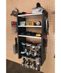 Front view of Heavy Duty 17 Inch Five Level Power Tool Storage Rack With 200 Pound Capacity, 9 Gauge Solid Steel Frame, Black and White
