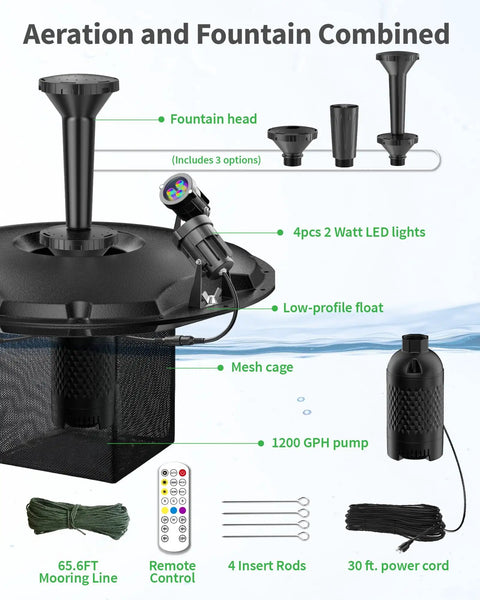 Floating Fountain And Aerator All In One Kit With LED Lights For Ponds Lakes And Water Gardens 1200GPH Pump 30Ft Cord Three Spray Styles