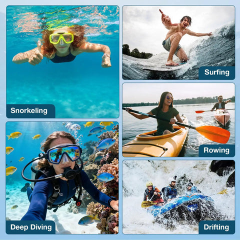 Collage of water sports activities including snorkeling, surfing, rowing, deep diving, and drifting with vibrant action scenes.