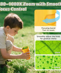 Kids 1000X Digital Microscope With 1080P HD Screen Handheld Science Toy For Exploring Insects Leaves Veins Textures Skin And Everyday Objects On The Go Totally Fun Educational Tool For STEM Learning, child using yellow handheld microscope outdoors