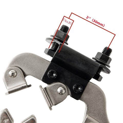 Close-up of the Beefy 10 Inch Locking Welding Clamp With Swivel V Type Pads and Installing Support for Table Mounting.