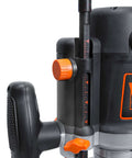 Close-up of Rock-Solid 15 Amp Variable Speed Plunge Router Kit With Carrying Case And Edge Guide, showing controls and depth gauge