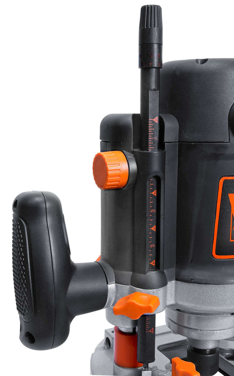 Close-up of Rock-Solid 15 Amp Variable Speed Plunge Router Kit With Carrying Case And Edge Guide, showing controls and depth gauge