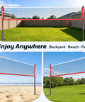 Three images of Outdoor Badminton Net Set With Anti Sag Winch System, 20ft Net, 4 Rackets, 3 Shuttlecocks And Carry Bag in backyard, beach, and park.