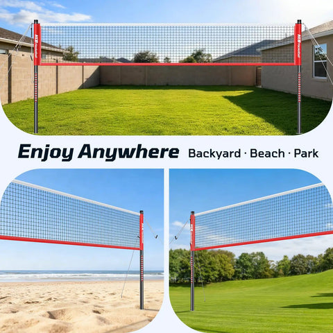 Three images of Outdoor Badminton Net Set With Anti Sag Winch System, 20ft Net, 4 Rackets, 3 Shuttlecocks And Carry Bag in backyard, beach, and park.