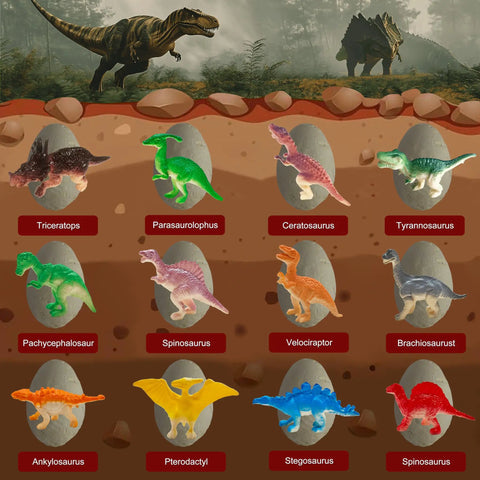 Interactive Dinosaur Eggs Dig Kit Hands On With 12 Pieces Dino Excavation Bricks For Archaeology Science And STEM Experiments A Perfect Egg Hunt Party Gift For Kids Aged 6 To 12 Years Old Boys And Girls featuring 12 dinosaur figures inside eggs