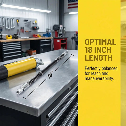18 Inch Resin Spring Flex Hose For Grease Gun, 10000 PSI High Pressure Quick Release, shown on workshop table