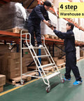 Dang Sturdy Six Step Rolling Ladder Easy Roll Mobility Non Slip Alloy Steel Climbing Platform for Warehouse Garage Library Shelving Heavy Duty Walking Rack White 880 Lb Weight with worker handing package from 4 step ladder.
