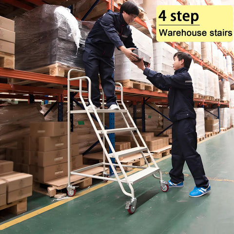 Dang Sturdy Six Step Rolling Ladder Easy Roll Mobility Non Slip Alloy Steel Climbing Platform for Warehouse Garage Library Shelving Heavy Duty Walking Rack White 880 Lb Weight with worker handing package from 4 step ladder.
