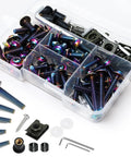 Sweet Ride Motorcycle Fairing Bolts Kit M5 And M6 Stainless Steel Fastener Set showing assorted bolts and fasteners in storage container.