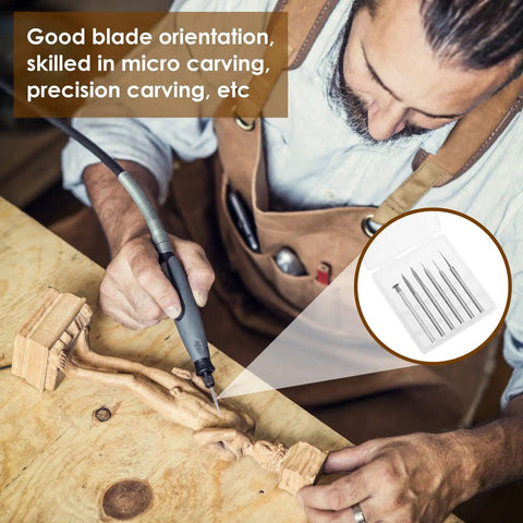 Man using 24 Piece Wood Carving Drill Bits Set For Rotary Tools Engraving Kit With 3mm Shank Pro Grade Corundum Bits For Woodworking Electric Grinder Pen Compatible DIY Craft Enthusiasts Approved on wood sculpture