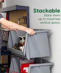 Man stacking gray Heavy Duty Open Front Storage Bins For Garage And Home Organization, Jumbo Stackable Bins With Large Handles