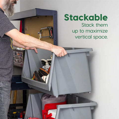 Man stacking gray Heavy Duty Open Front Storage Bins For Garage And Home Organization, Jumbo Stackable Bins With Large Handles
