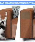Self Adhesive Sofa Fabric Repair Patch Kit With 6 Microfiber Patches applied to repair cat scratches on a brown sofa