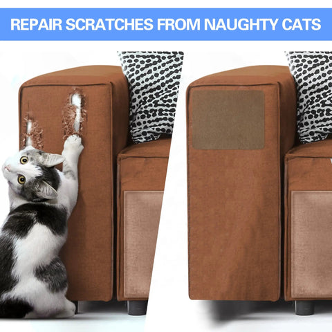 Self Adhesive Sofa Fabric Repair Patch Kit With 6 Microfiber Patches applied to repair cat scratches on a brown sofa