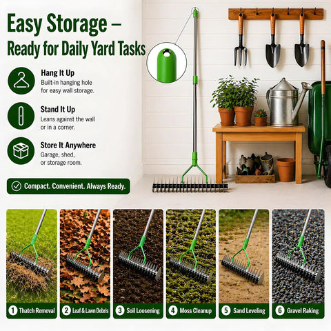 Powerful Thatch Rake For Lawns With 13 Inch Wide Head And 21 Carbon Steel Tines Dual Sided Dethatching Tool And Scarifier 65 Inch Long