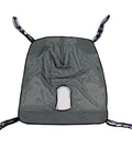 Full Body Mesh Commode Sling Patient Aid Designed For Hoyer Lifts With Four Positioning Straps, gray mesh with opening.