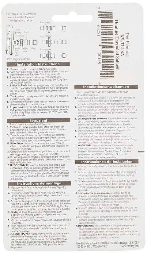 Rear view of packaging for Thinline Threaded Salmon Brake Pad 71.8 Millimeter For Bicycle V Brakes with installation instructions.
