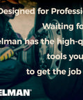 Person using a tool on a vehicle wheel with text overlay "Designed for Professionals. Steelman tools for the job."