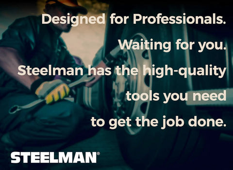Person using a tool on a vehicle wheel with text overlay "Designed for Professionals. Steelman tools for the job."