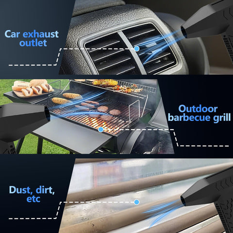 Powerful Compressed Air Duster Electric Blower With 3 Speed Settings And Fast Charging For Computers Keyboards Cars And Home Cleaning A Handy Tool For Dusty Desktops Laptops And Electronics shown cleaning car exhaust, grill, and dust.
