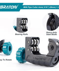 Front view of Libraton mini pipe cutter with teal knob, metal body and bearing rollers for copper/aluminum pipes